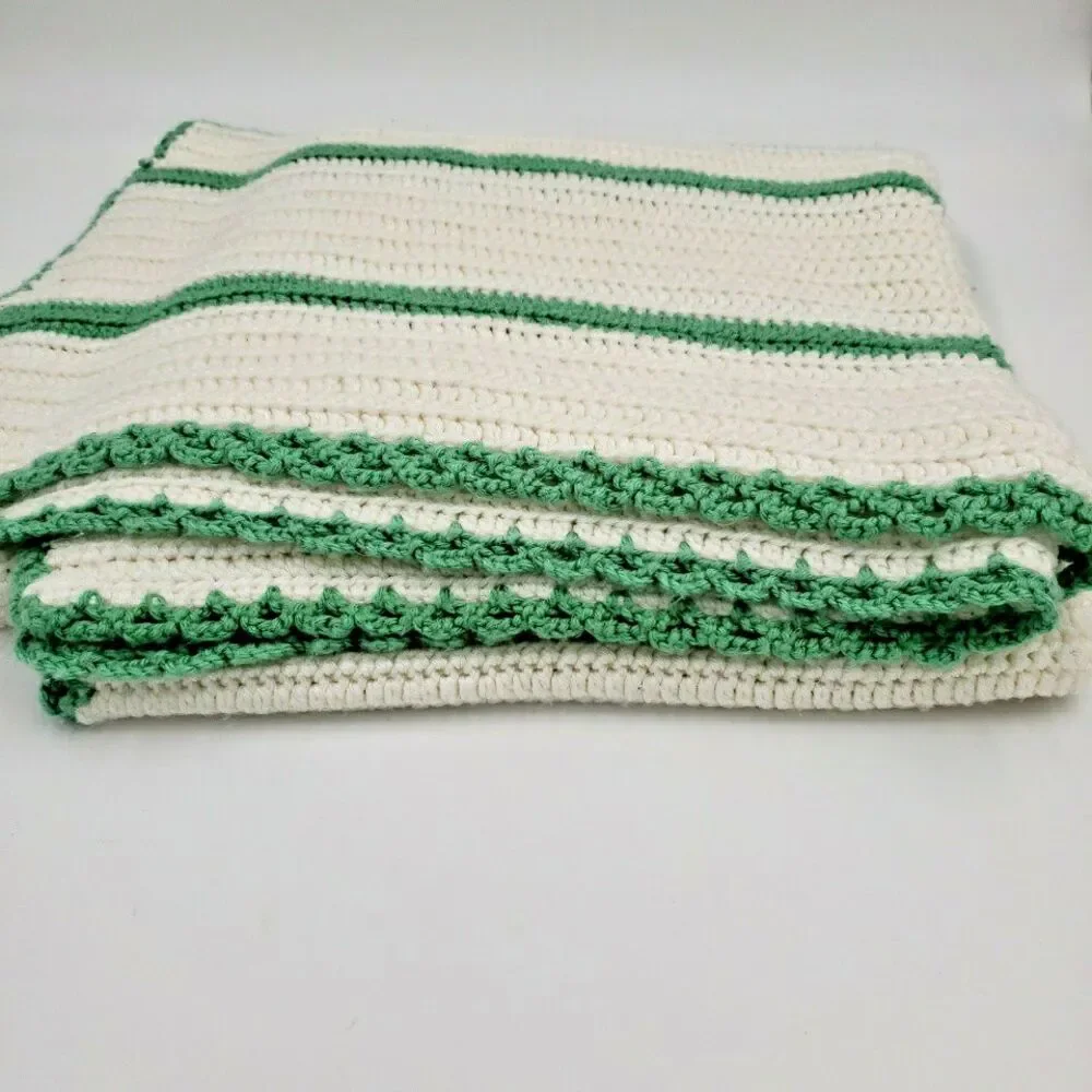Handmade Crochet Blanket White Green Throw 65x35 Lapghan Knit Gift Cozy Baby